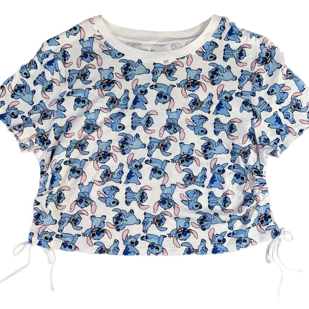 New Disney Lilo and Stitch Womens XL Crop Top Shirt White Blue Drawstring Sides